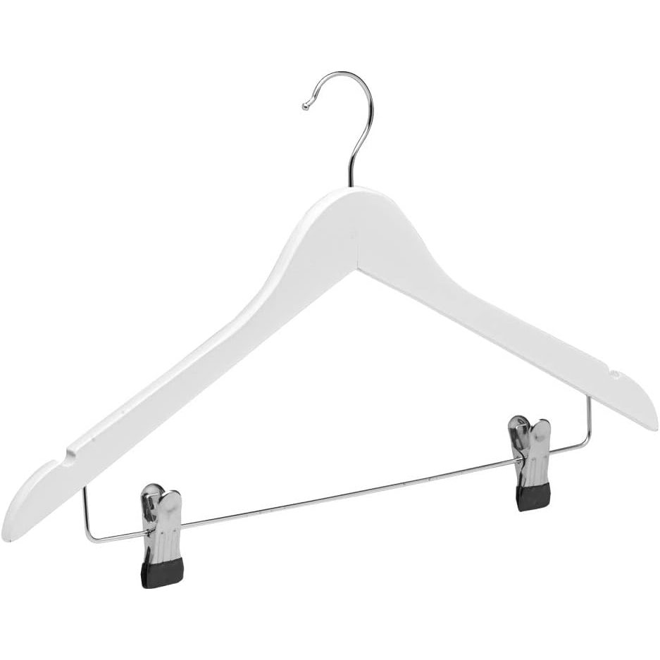 Percha de Madera con Pinzas de Metal | Color Blanco| Diseño Elegante | Gancho de Acero Inoxidable Giratorio | Pack de 12 Unidades de 45cm