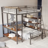 thumbnail of Hoch-Tief-Etagenbett Metallbett Loftbett mit Regalen & Ablagen, flexibles 2-in-1 Design, stabiler Lattenrost, Schwarz 140x200 cm