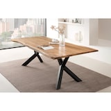 thumbnail of SalesFever 6-tlg. Akazie-Essgruppe 220x110 cm, Platte 35 mm Akazie, Metallgestelle, 4 Stühle & 1 Bank in Samt-Optik, natur – schwarz – senfgelb