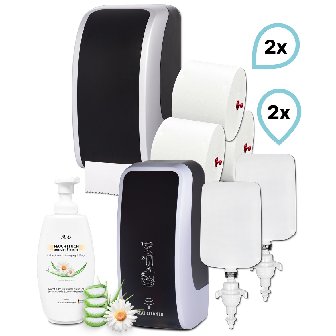 KOMPLETT-SET Toilettenkabine: Toilettenpapierspender + SENSOR Sitzreinigung + Reinigungsschaum + Füllmittel