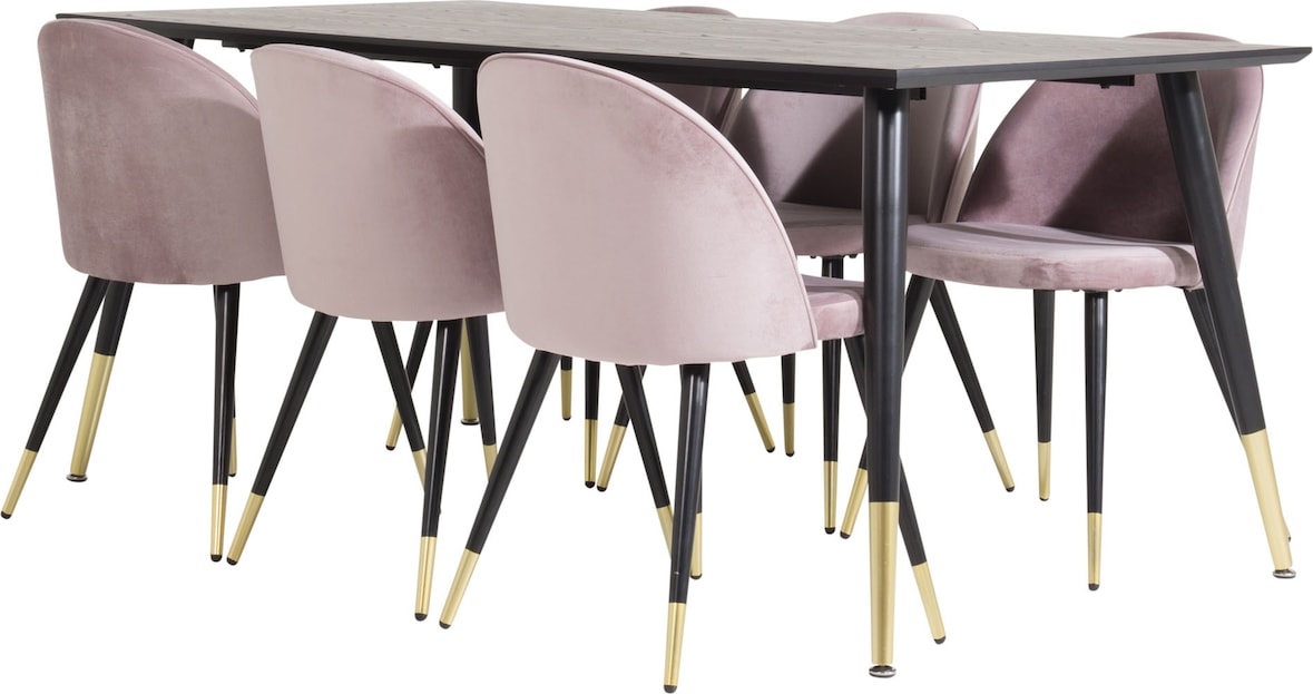 Dipp180x90BLBR Essgruppe Esstisch schwarz und 6 Velvet Esszimmerstühle Velour pink, schwarz, Messing dekor.
