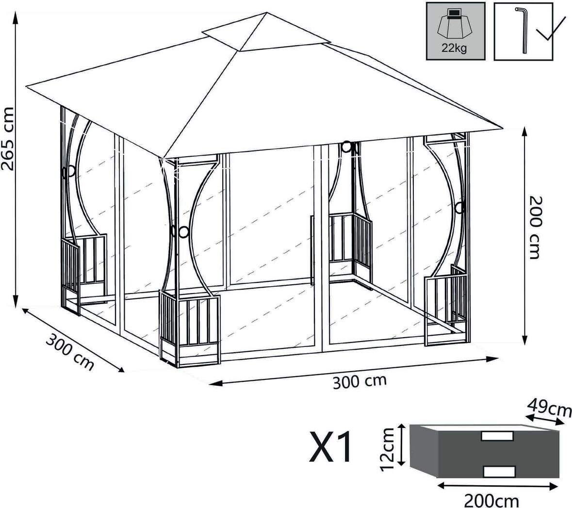 Kery Gazebo da Giardino con Zanzariera in Acciaio e Poliestere 300x300x265 cm Antracite