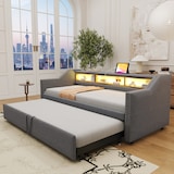 thumbnail of Ausziehbett 90/180x190 cm mit LED, USB-Anschluss und Stauraum – modernes 3-in-1 Schlafsofa aus Leinenstoff Dunkelgrau