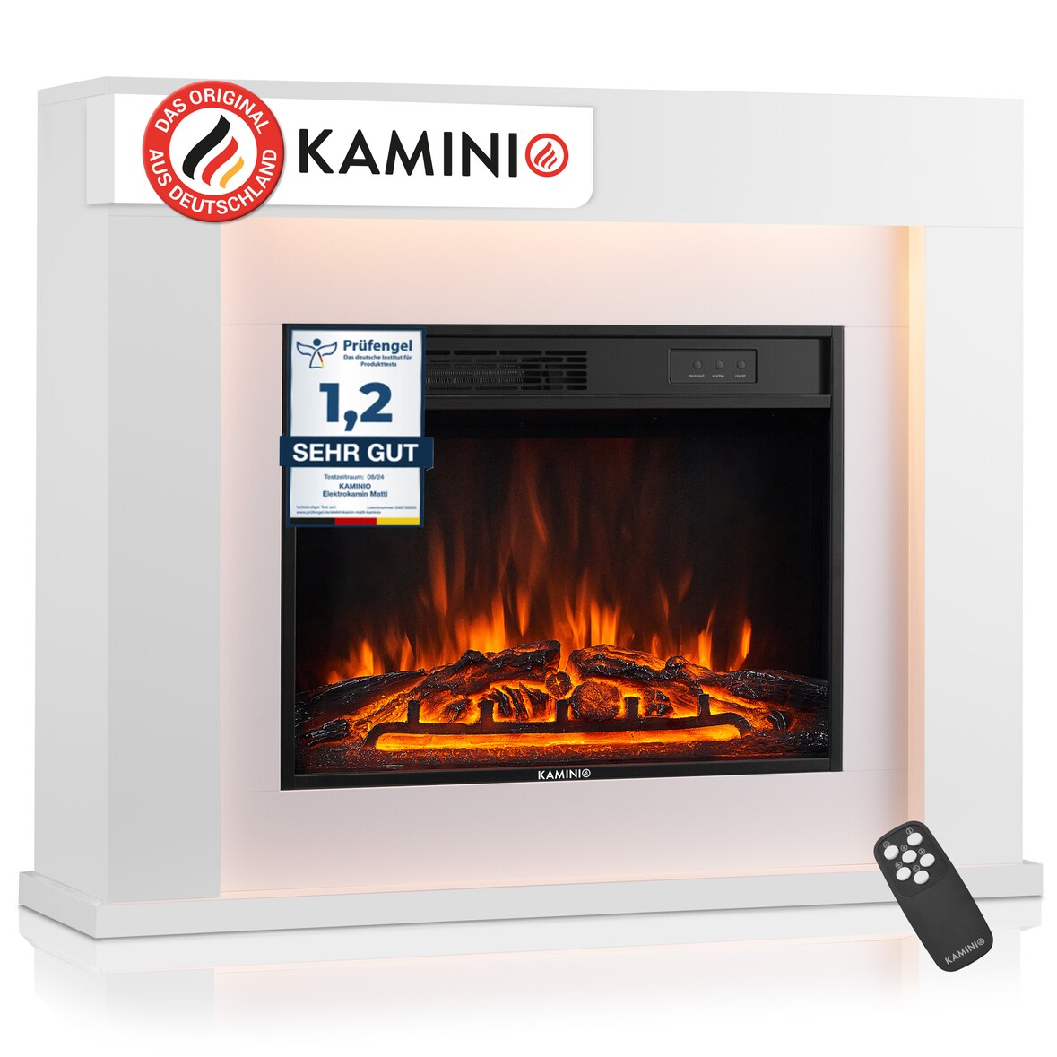 KAMINIO Elektrokamin MATTI - Elektrischer Standkamin mit Heizung, 3D-Flammeneffekt, LED-Ambientelicht, Fernbedienung - 38 Zoll, Weiß