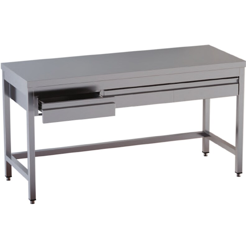 tavolo acciaio inox aperto cornice inferiore e 3 cassetti orizzontali 140x60x85