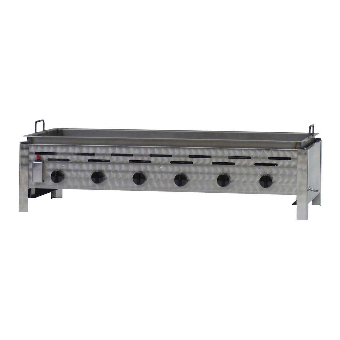 Gastrobräter, 6 Brenner je 3,6 kW, mit Stahlpfanne geschweißt, B 1140 mm x T 530 mm x H 270 mm, inkl. Gewerbedruckregler u. Schlauchbruchsicherung