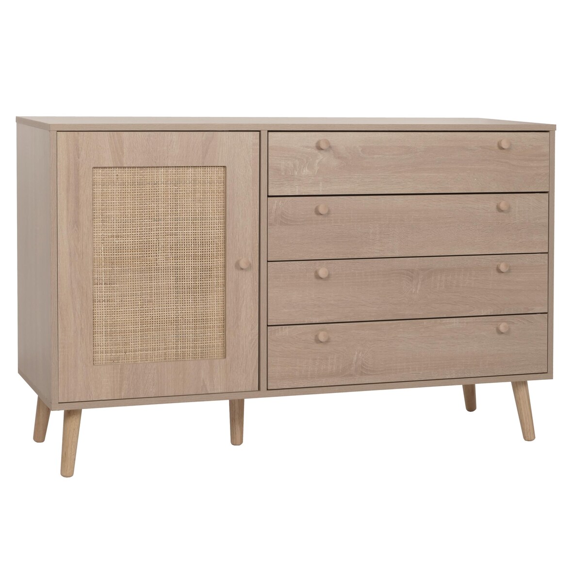 Sideboard HWC-M43, Schrank Kommode Highboard, Schubladen Staufach, Kubu Rattan Holz Melamin, Eiche-Optik