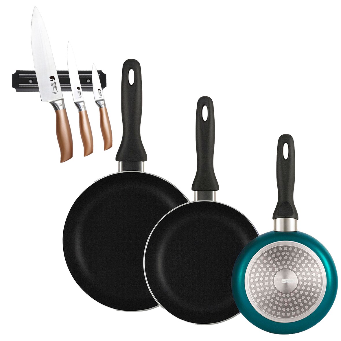BERGNER - Set de 3 Sartenes Ø16/20/24cm de Aluminio prensado en Azul metalizado con Juego de 3 Cuchillos en acero inoxidable con Soporte magnético