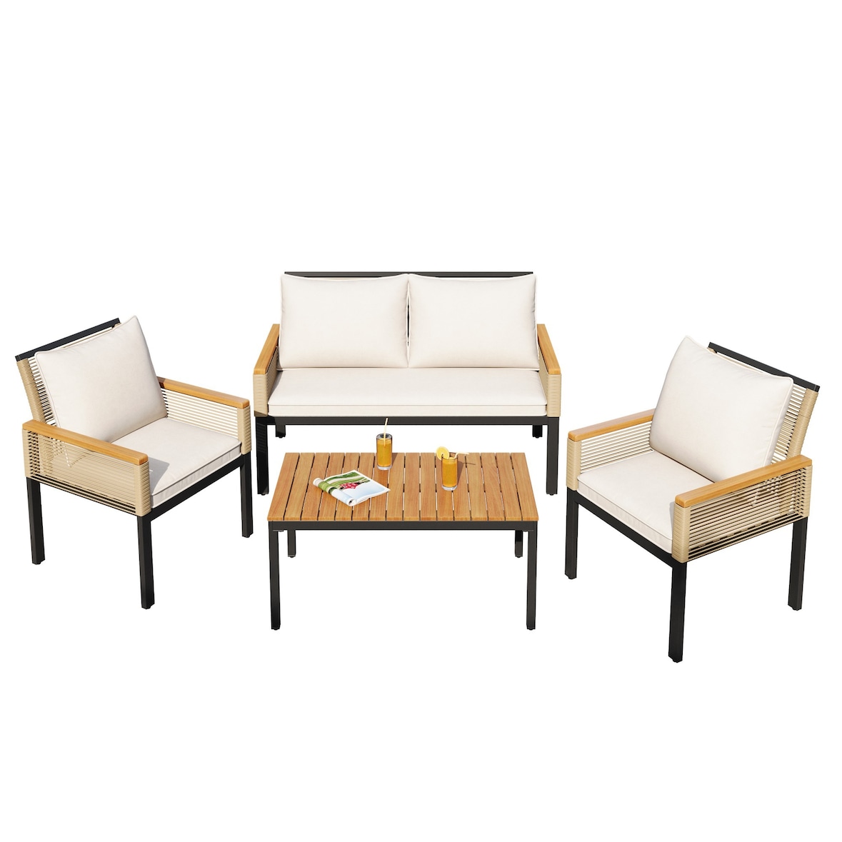 Merax Garten-Loungesessel-Set 4-tlg, Gartenmöbel Sitzgruppe, 2-Sitzer + 2 Sessel + Tisch, mit Kissen, Rattan, Beige