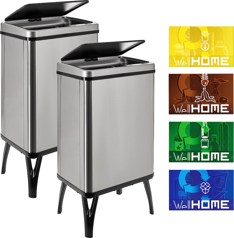 WellHome - 2er-Set Intelligenter Mülleimer 40L in Grau mit Magnetetiketten 35,5x26x71,5 cm