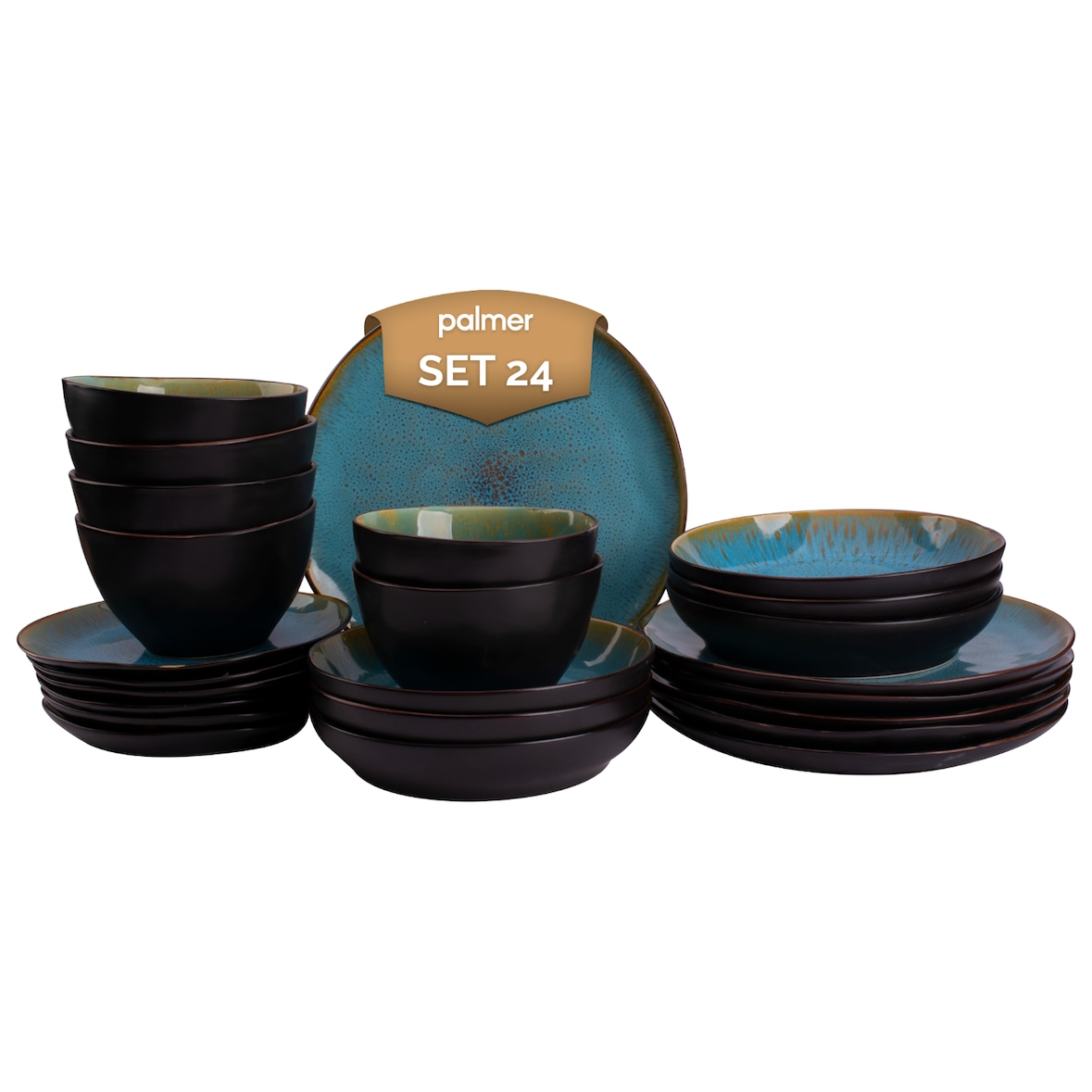 Palmer Serviesset Lotus Stoneware 6-persoons 24-delig Turquoise Zwart