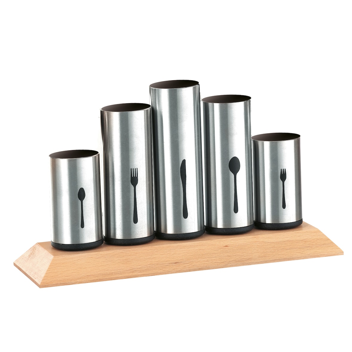 Besteckhalter PIPES, Material: Edelstahl 18/8 und Buchenholz Maße: ca. 30 x 10 x 16,5 cm.