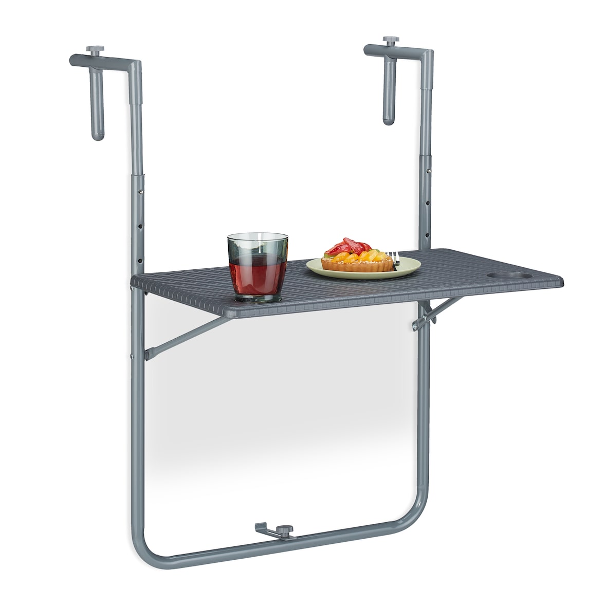 Relaxdays Balkonhängetisch klappbar, BxT: 59,5 x 60 cm, 3-fach höhenverstellbar, 2 Getränkehalter, Geländertisch, grau