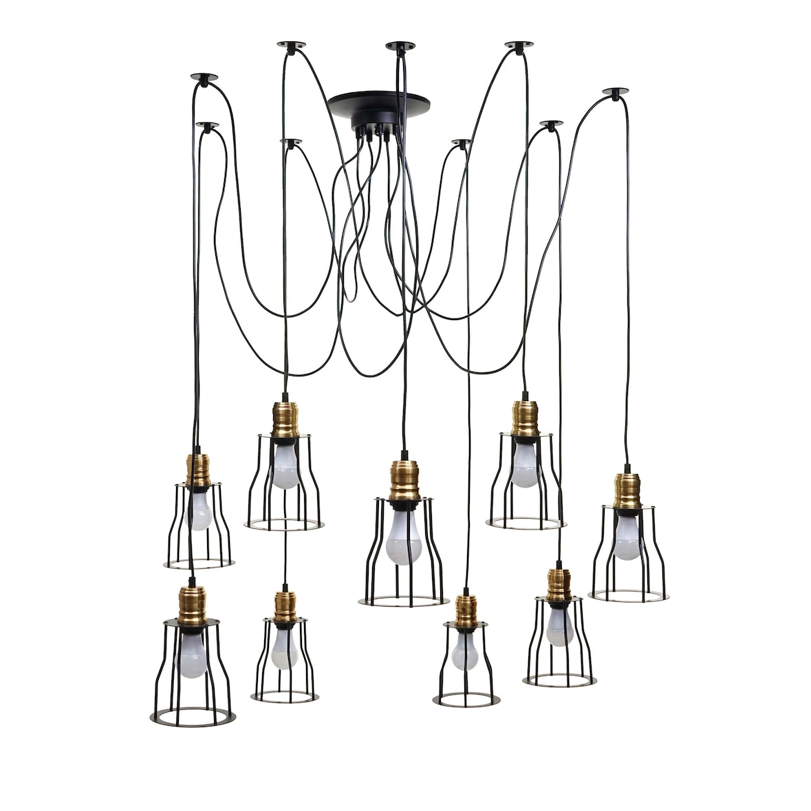 Suspension HWC-H81, Lampe à suspendre Lampe à suspendre, métal industriel hauteur réglable noir ~ 9x abat-jour cage