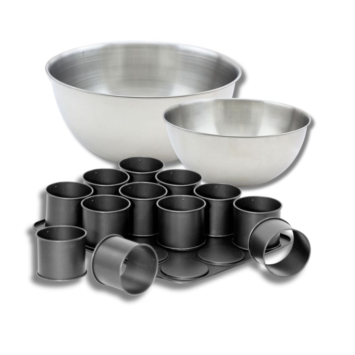 Set con 1 bandeja de horno con 12 mini moldes redondos, 1 espátula Zenker y 2 cuencos mezcladores de acero inoxidable Fackelmann