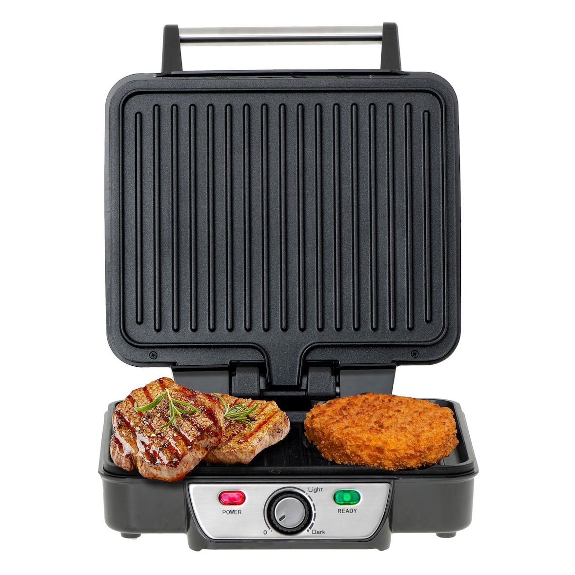 Mesko MS 3050 Contact Grill Plancha de Asar Doble, Tapa Basculante 180° Apertura, Placas antiadherentes, Termostato Regulable, Recoge- grasa, 2500W