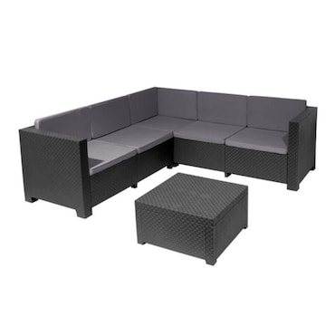 SHAF - Set de Muebles de Jardín y Terraza Oasis Color Grafito Tres Piezas: Sofá Canapé 3 y 2 Plazas y Mesa de Centro con Almacenaje