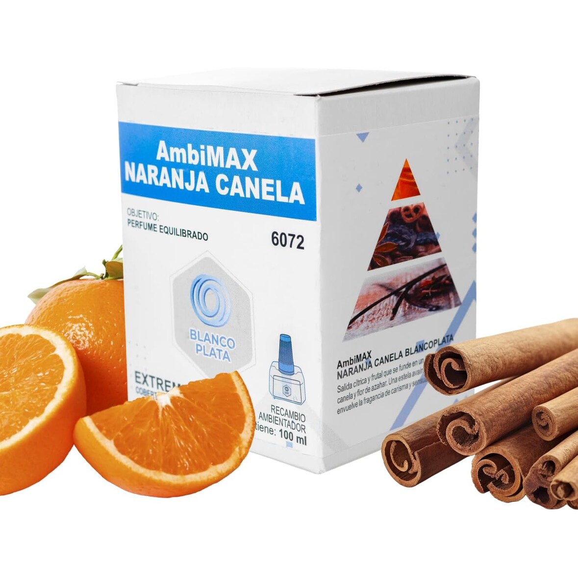 Recambio Ambimax Ambientador Naranja-Canela Extrem 100ml, 30 días de duración, 150m2 cobertura intensa, perfume equilibrado. (NO INCLUYE APARATO)