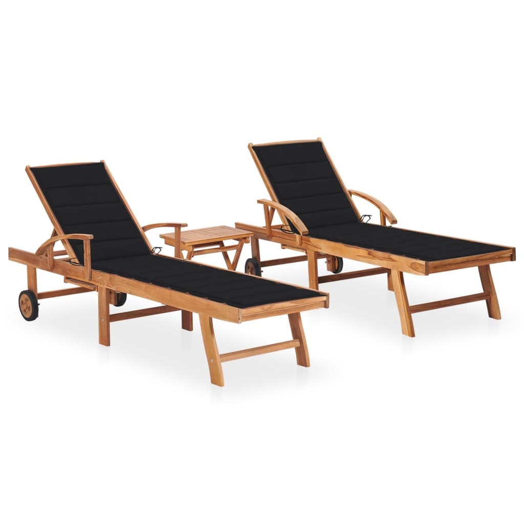 Helloshop26 - Conjunto de 2 tumbonas hamacas camas de jardín muebles de terraza con mesa y cojines madera maciza de teca 02_0012082