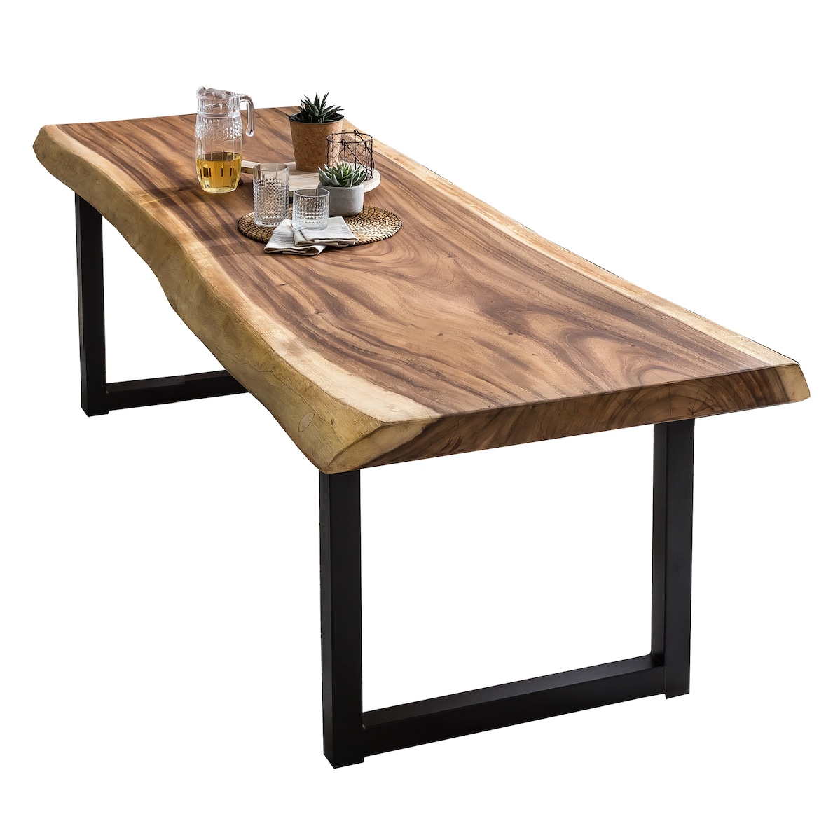 SIT Möbel Esstisch 250 cm,  mit Baumkante,  Platte 80 mm Suarholz natur,  Stahlgestell schwarz,  B 250 x T 90 x H 78,5 cm,  07107-79,   TABLES&CO