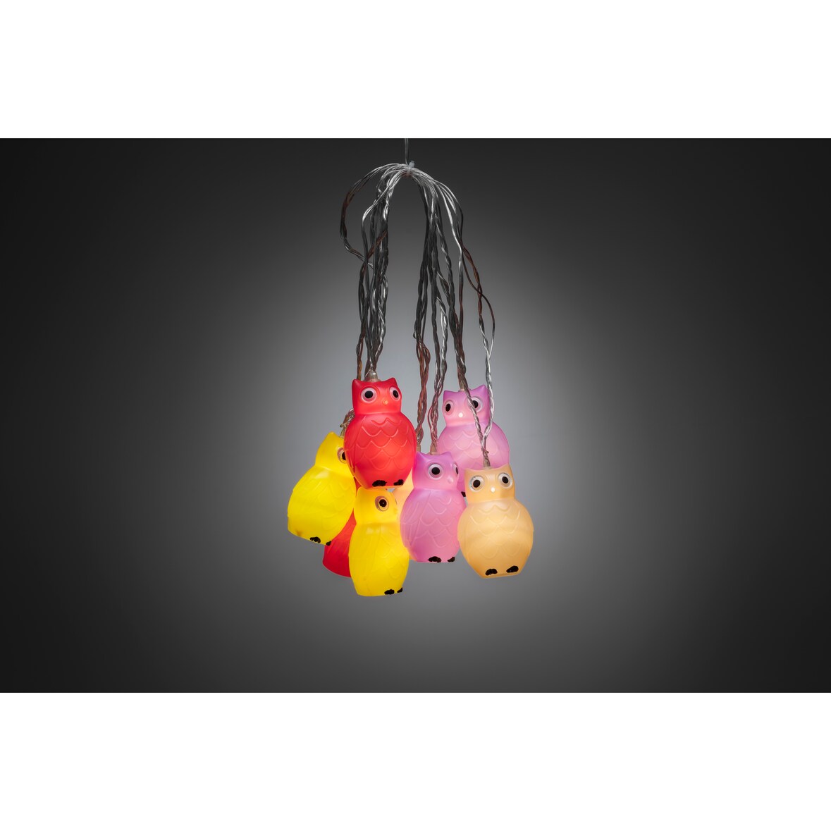 Konstsmide LED Dekolichterkette, bunte Eulen, 16 warm weiße Dioden, 24V Innentrafo, transparentes Kabel