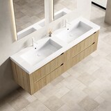 thumbnail of Badezimmer-Waschtisch 53×160×46 cm mit 2 integrierten Waschbecken aus Kunststein im weißen Eichen-Look, mit Soft-Close-Schubladen