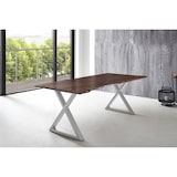 thumbnail of Esstisch Baumkante massiv Akazie nussbaum 220 x 100 silber X-Gestell LUBIN