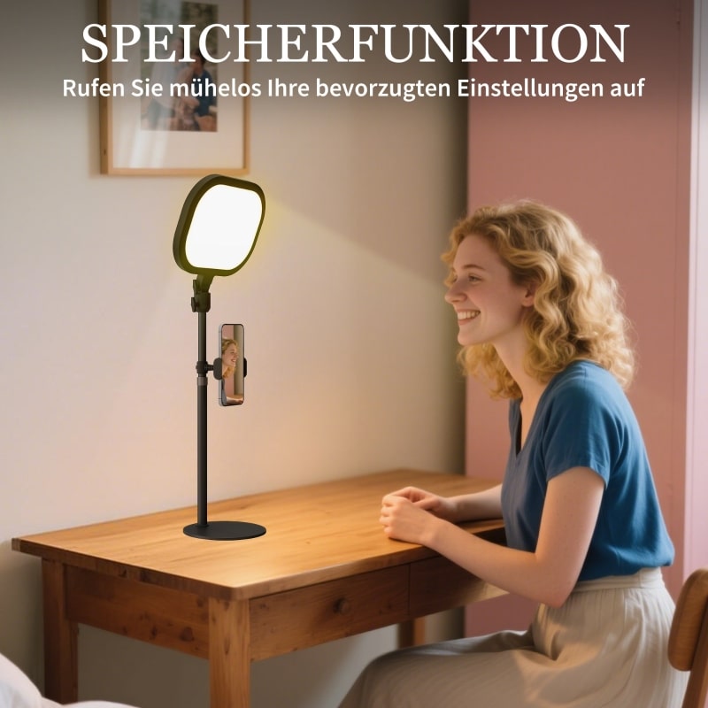 Ein Ringlicht mit Handyhalterung auf einem Schreibtisch.