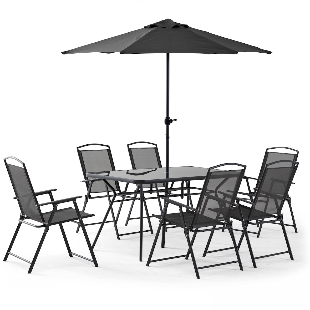 Salon de jardin table et 6 chaises pliantes avec parasol central