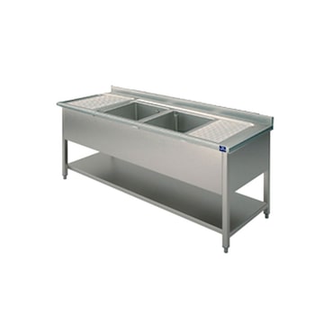 Évier, 2 bacs, 2 plateaux d'égouttage, sur piètement, avec étagère inférieure, 2000x700 mm - VIRTUS