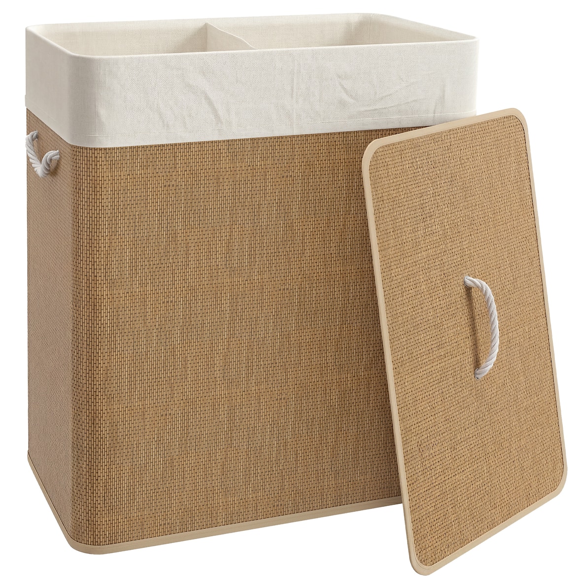 HOMCOM cesto de ropa sucia con tapa 100L cesta colada de bambú con 2 compartimentos bolsa interior extraíble 52x32x63 cm marrón