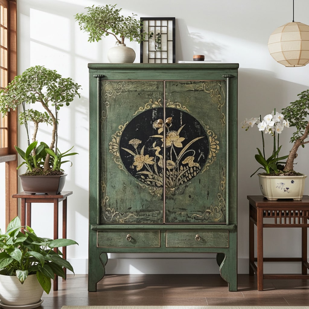 OPIUM OUTLET Möbel Kommode Schrank Sideboard Hochzeitsschrank A600-2 tannengrün vintage asiatisch chinesisch orientalisch Holz