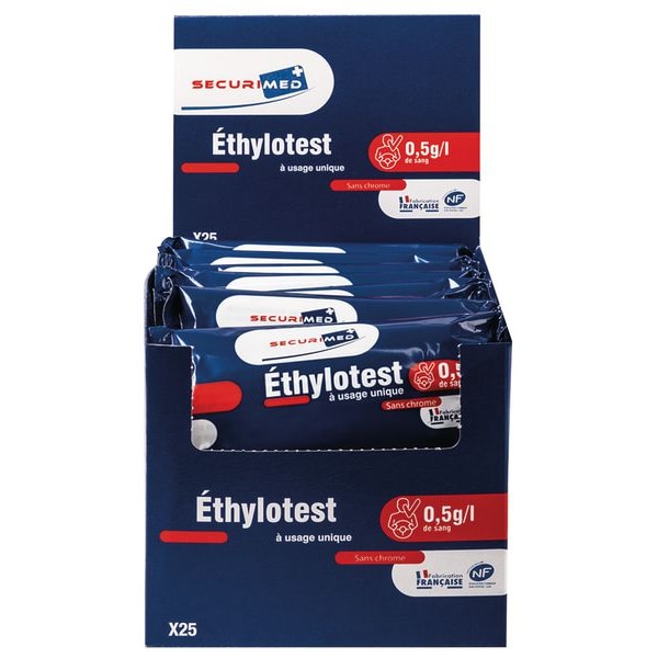 Éthylotests chimiques NF avec boîte présentoir x25 SECURIMED