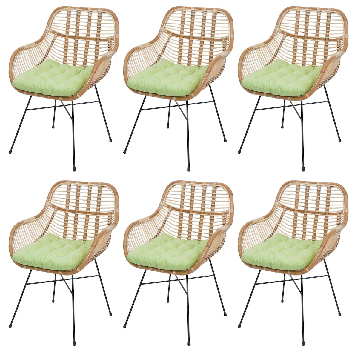 6er-Set Esszimmerstuhl HWC-P17, Küchenstuhl Korbstuhl Rattansessel Rattanstuhl Stuhl, Kubu Rattan Metall ~ Polster grün