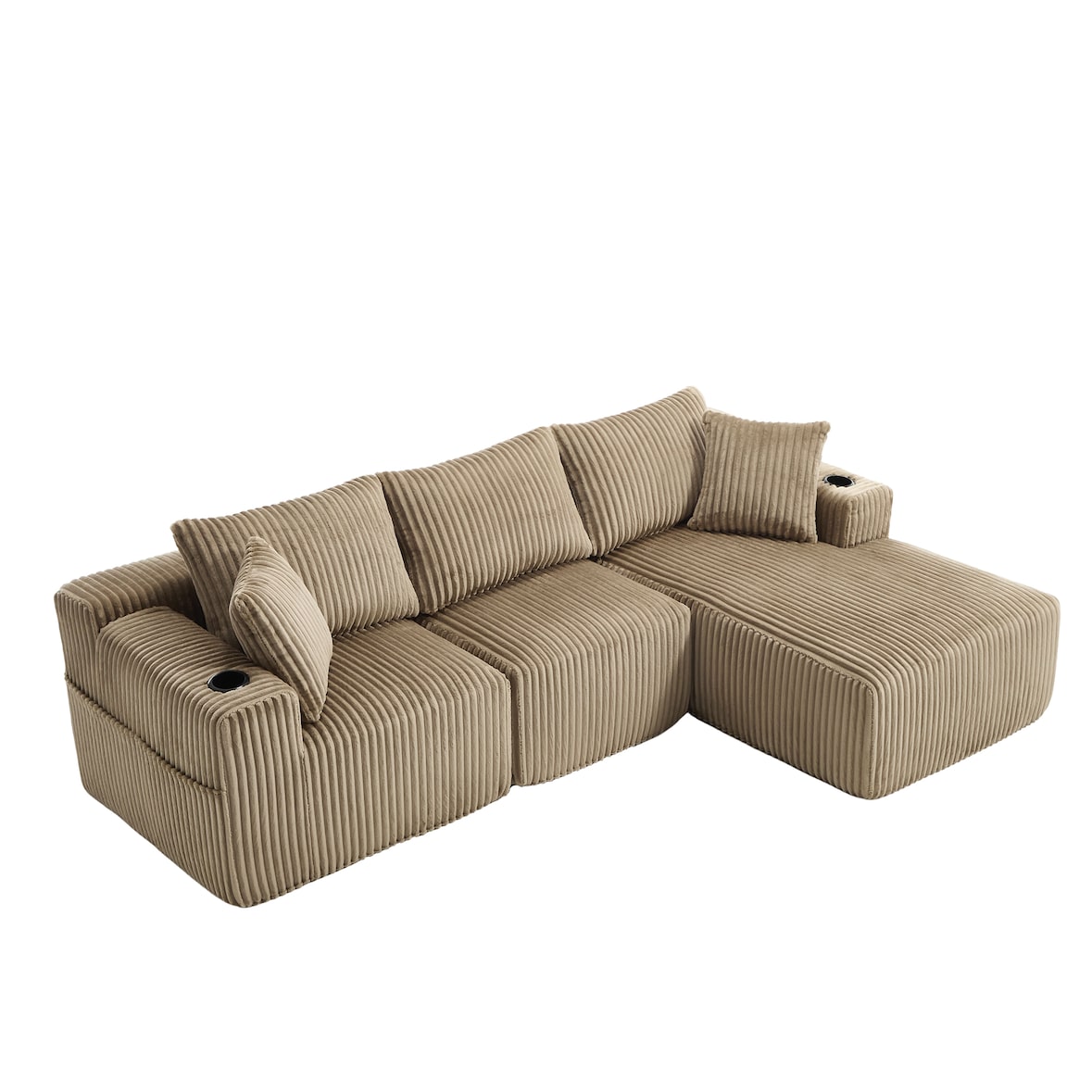 Merax Modulares Cord-Sofa Set – 2-Sitzer mit Chaiselongue, 5 Kissen, Seitentaschen & Getränkehalter, Khaki