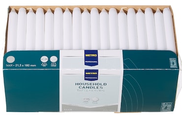 METRO Professional Tafelkerzen, Paraffin, Ø 2.15 x 18 cm, Leuchtdauer von ca. 6 Stunden, weiß, 144 Stück