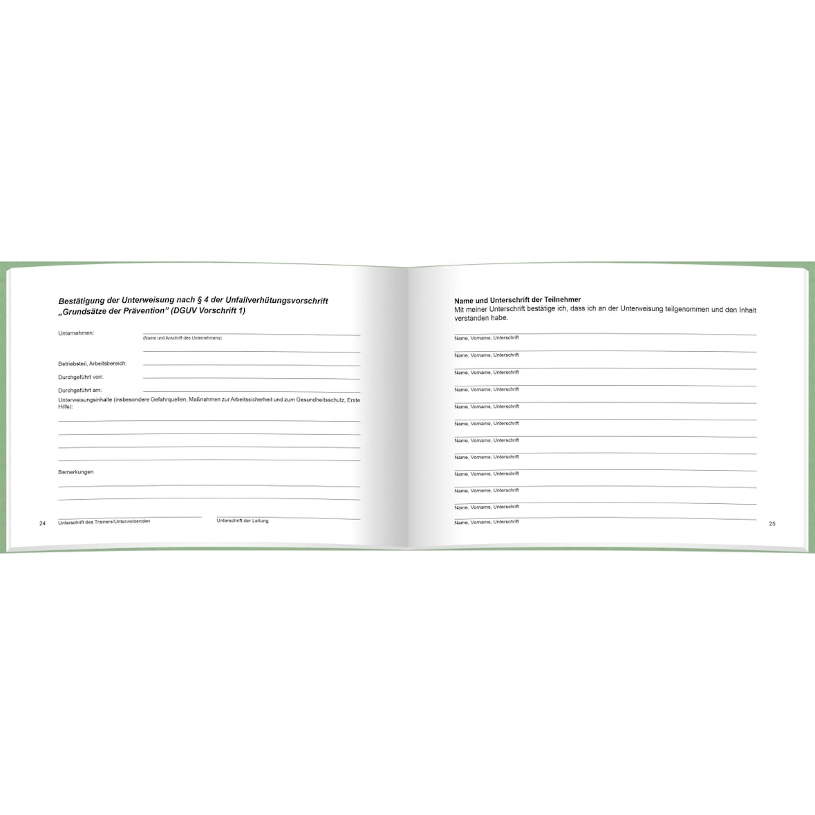 Unterweisungsbuch für die betriebliche Unfallverhütung A5 24 Blatt