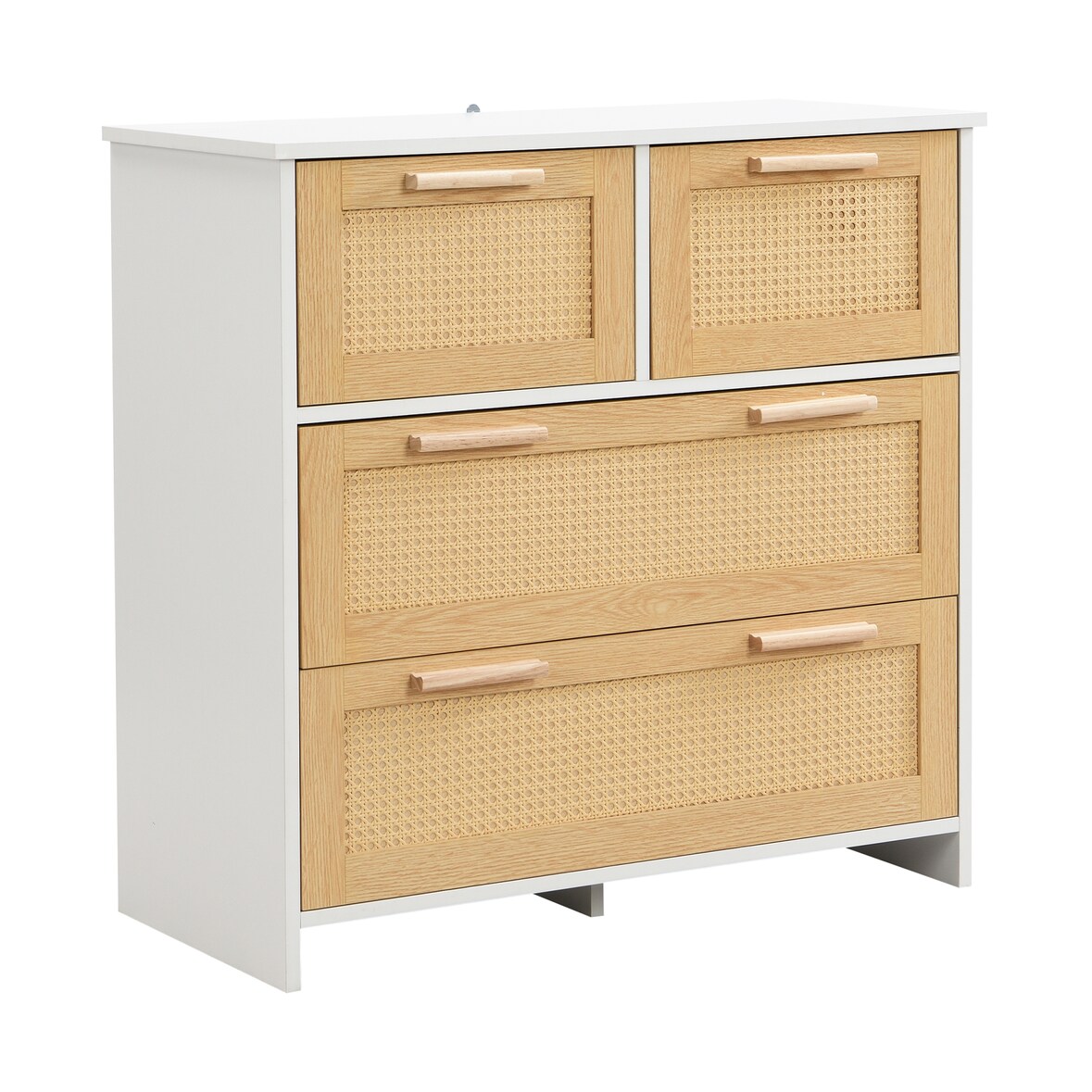 Merax Hochwertiger 4-Schubladen-Rattanschrank mit Massivholzgriffen - Geeignet für Schlafzimmer, Wohnzimmer Maße: B80/H80/T38 cm Natur + Weiß