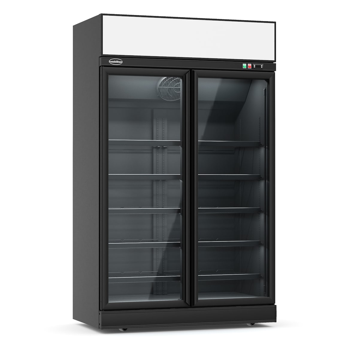 Kühlschrank RHINO auf Rollen | 2x Glastür + LED & Display | 1000 Liter, HxBxT 209,2x125,3x71cm | 0/+10°C | Schwarz | + CHEFGASTRO Geschirrtuch