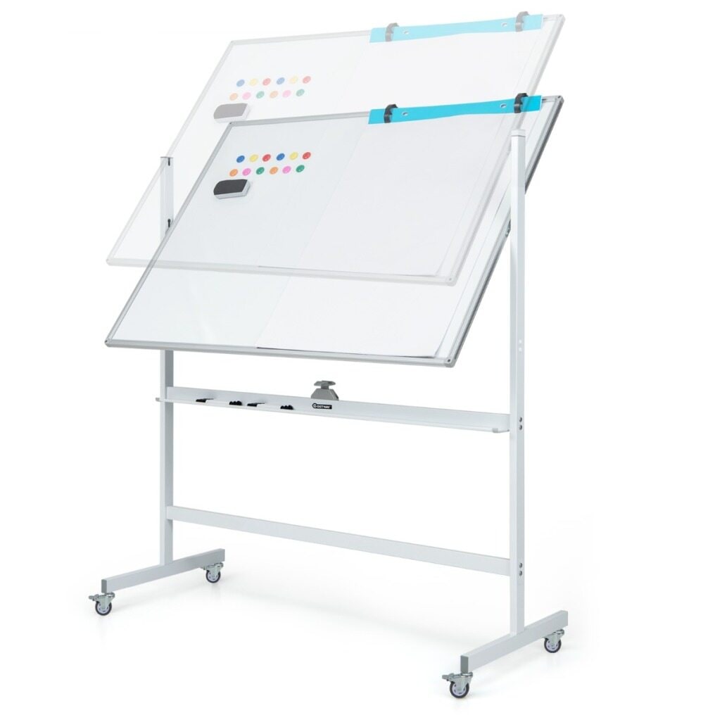 Pizarra móvil de doble cara con diseño a cuadros, portalápices y soporte, 120 x 90 cm, blanca - CB10566WH