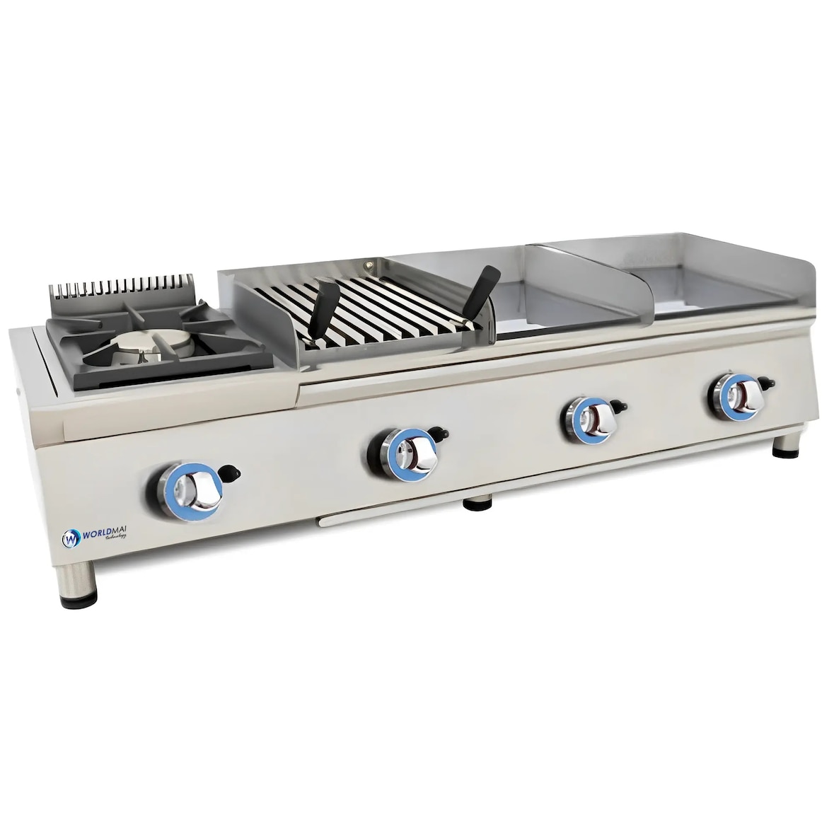 Cozinha modular INOX LUX WORLDMAI a gás de bancada com queimador, 2 placas de grelhar e churrasqueira basca para cozinha industrial de restauração.