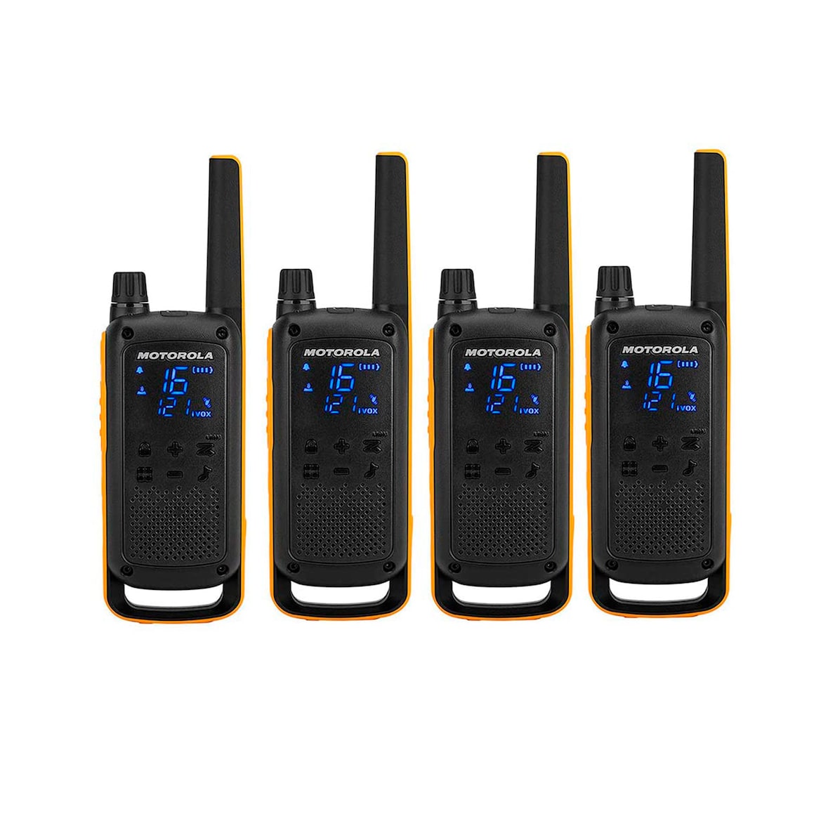 Motorola T82 Extreme Quad Set – 4 UHF‑Walkies, 10 km, Schwarz/Gelb, LED‑Lampe