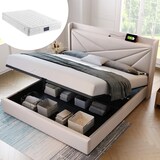 thumbnail of Polsterbett Stauraumbett Bettgestell 140x200 mit USB TypC Ladefunktion Kopfteil Stauraum Eisenrahmen Massivholzlatten stabil modern bequem beige