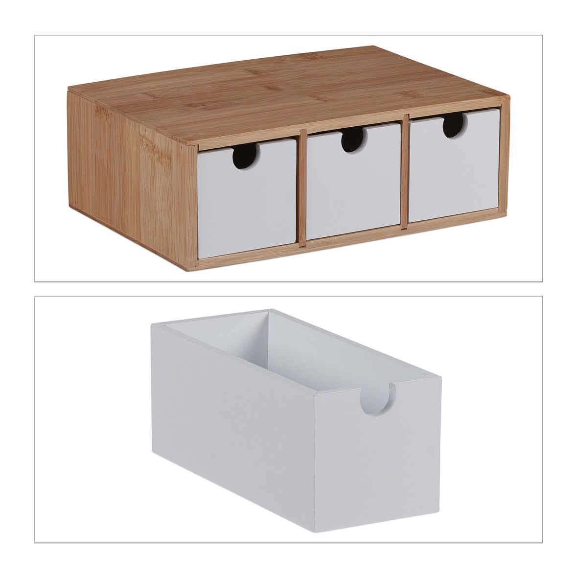 Relaxdays Schubladenbox, Bambus & MDF, Mini Kommode 3 Schubladen, HBT 9 x 26 x 18 cm, Schreibtisch Organizer, natur/weiß