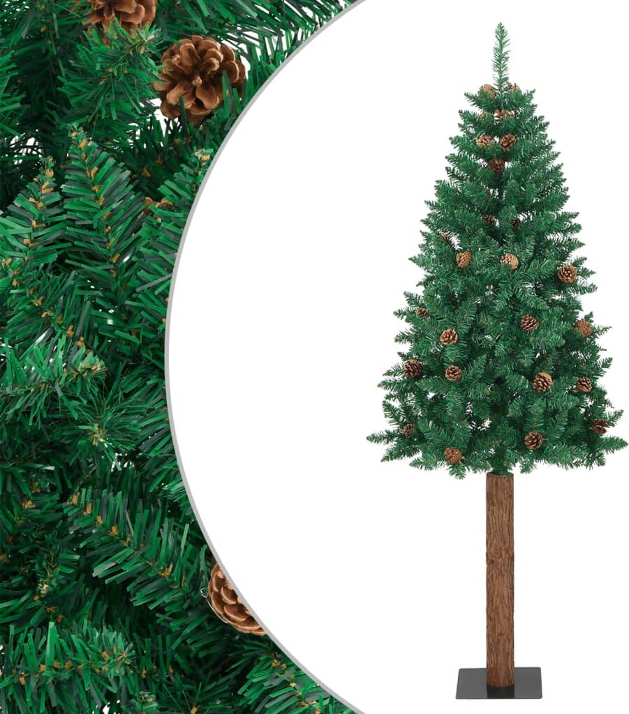 Schlanker Weihnachtsbaum mit Echtholz und Zapfen Grün 150cm PVC