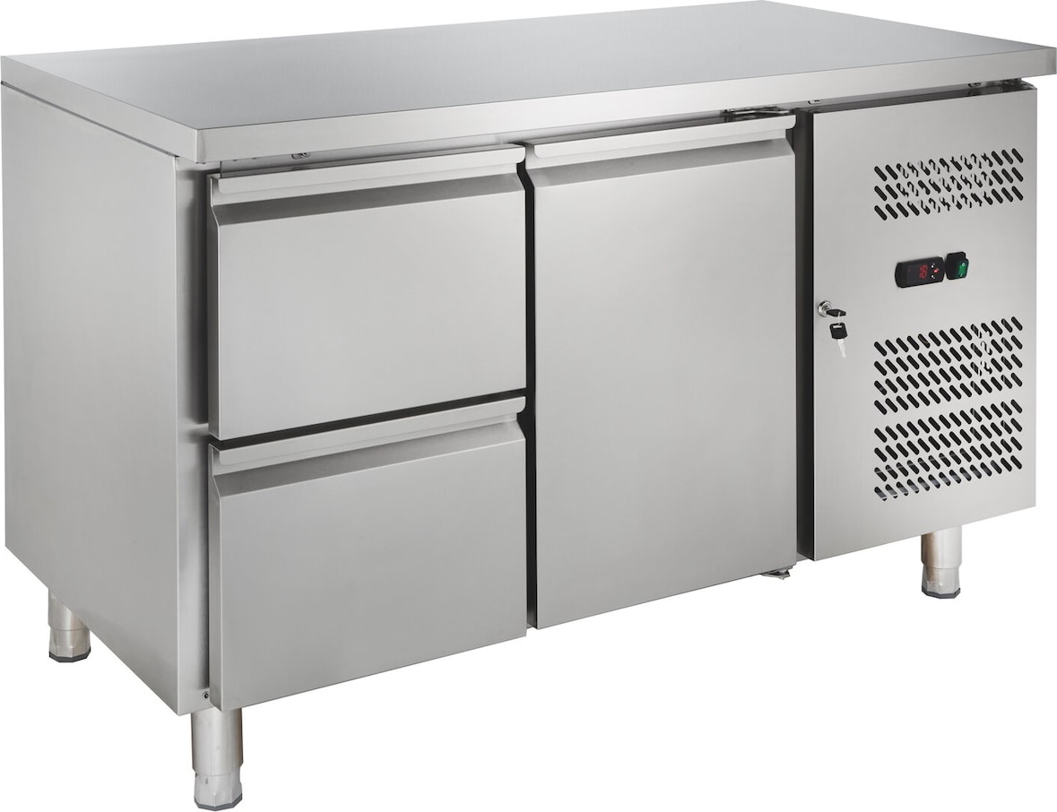 GastroHero Kühltisch ECO 1/2 GN 1/1 214 L Edelstahl Umluftkühlung 0 °C–+8 °C 230 V LED-Thermostat 1350x700x850 mm 1 Tür + 2 Schubladen
