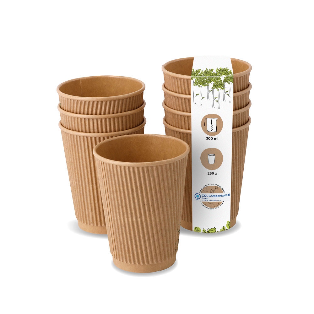 BIOZOYG 250 Stück Riffelbecher 300 ml / 12 oz Kaffee To Go Pappbecher, ungebleicht braun, Einwegbecher, Nachhaltig, Biologisch Abbaubar, Einwegbecher