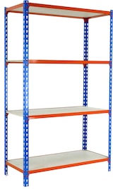 thumbnail of SimonRack Estantería Metálica, 1500x900x400 mm, 4 Alturas, Bandeja Madera, 150 kg de Punto Flexión, Azul/Naranja/Madera - Maderclick