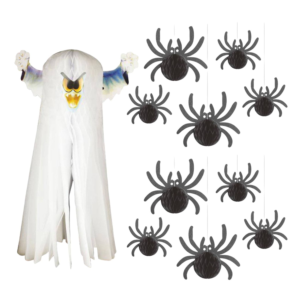 WellHome - Halloween Deko-Set: Geist + 2 Sets mit je 5 Spinnen