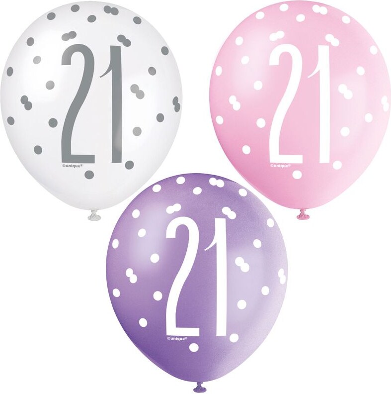 6 Luftballons rosa & silber Zahl 21